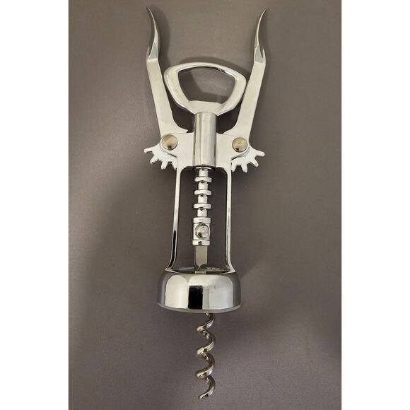 Silver Corkscrew Wine Bottle Opener w/Fins - Push Down - 6-1/4" - Used - Picture 8 of 8